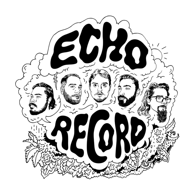 Designed splash graphic for Echo Record with caricatures of the members lined up in the middle.