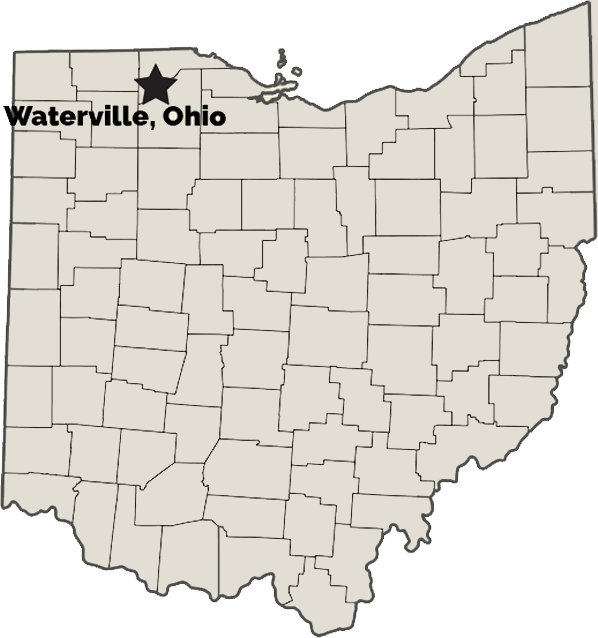 Map of Ohio with a star marking the location of Waterville, Ohio in Northwest Ohio